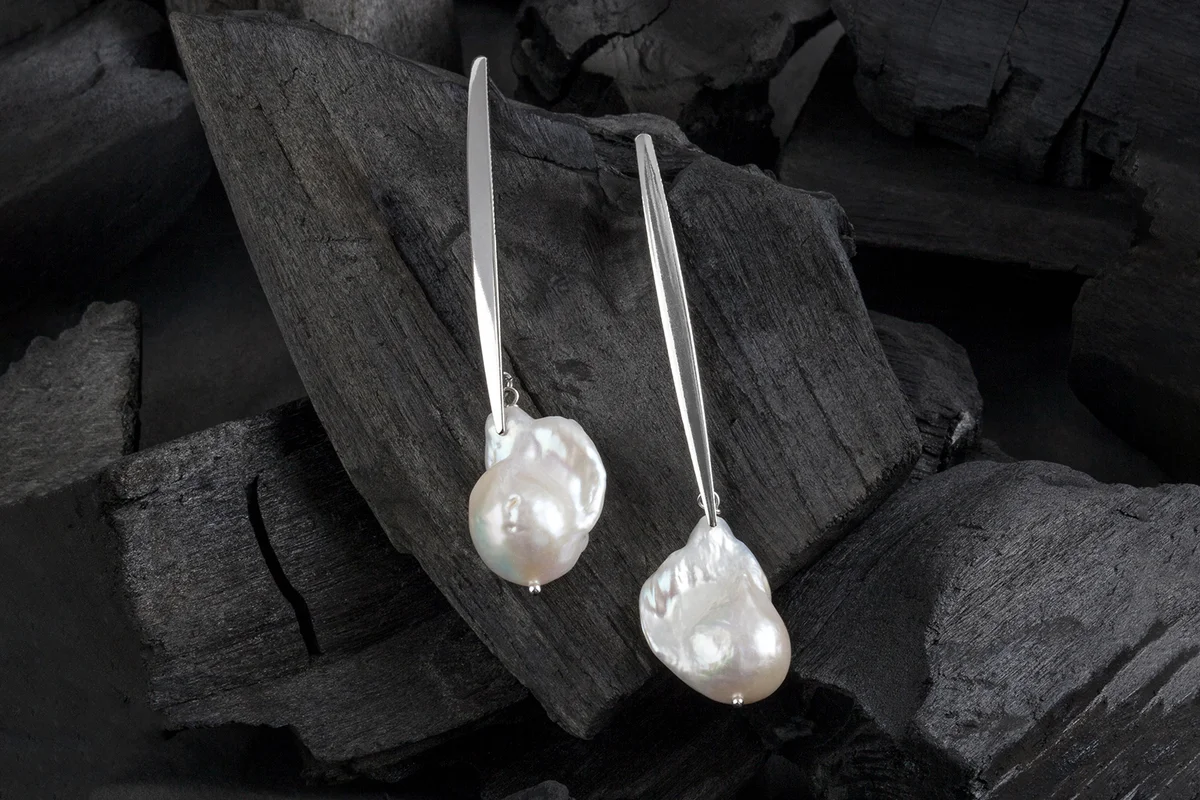 Silver white baroque pearl earrings