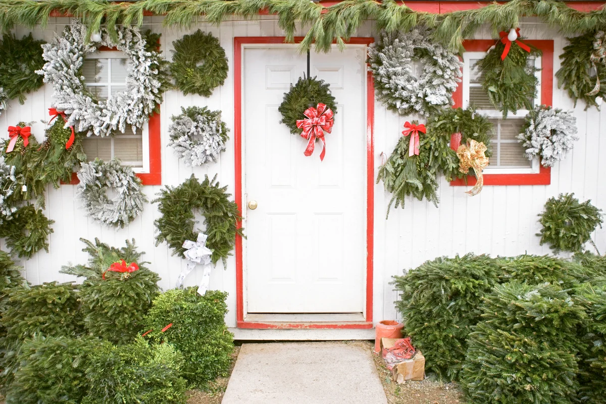Christmas wreaths on outside of building