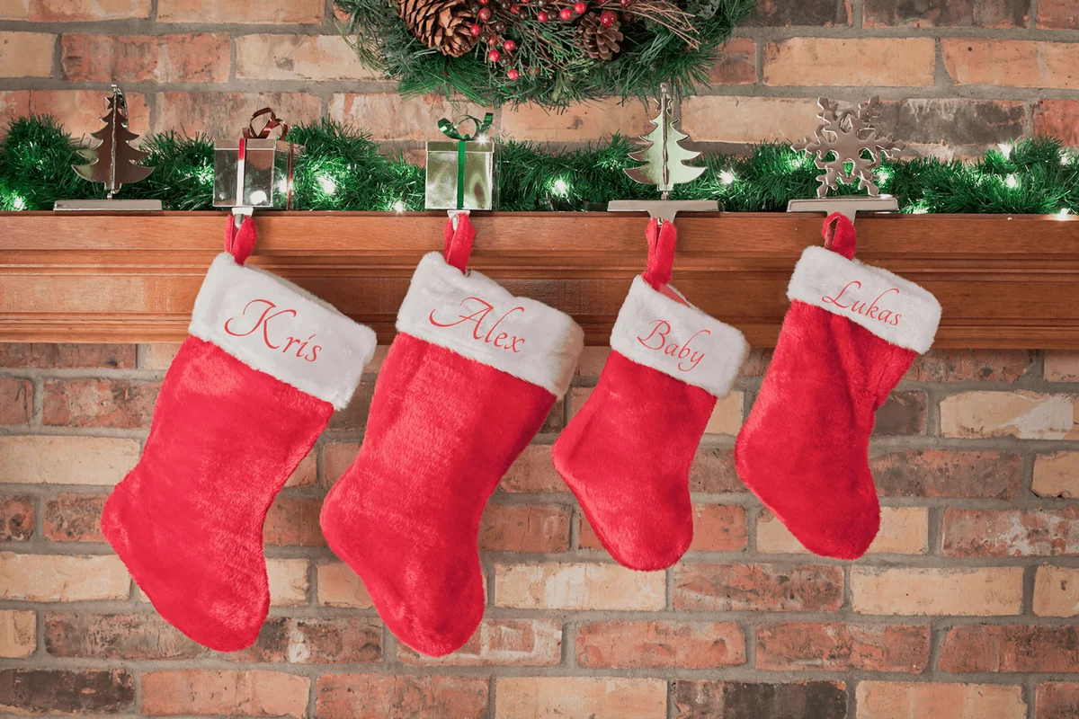 Christmas, Red Stockings, Brick Wall, Mantel, Decorations