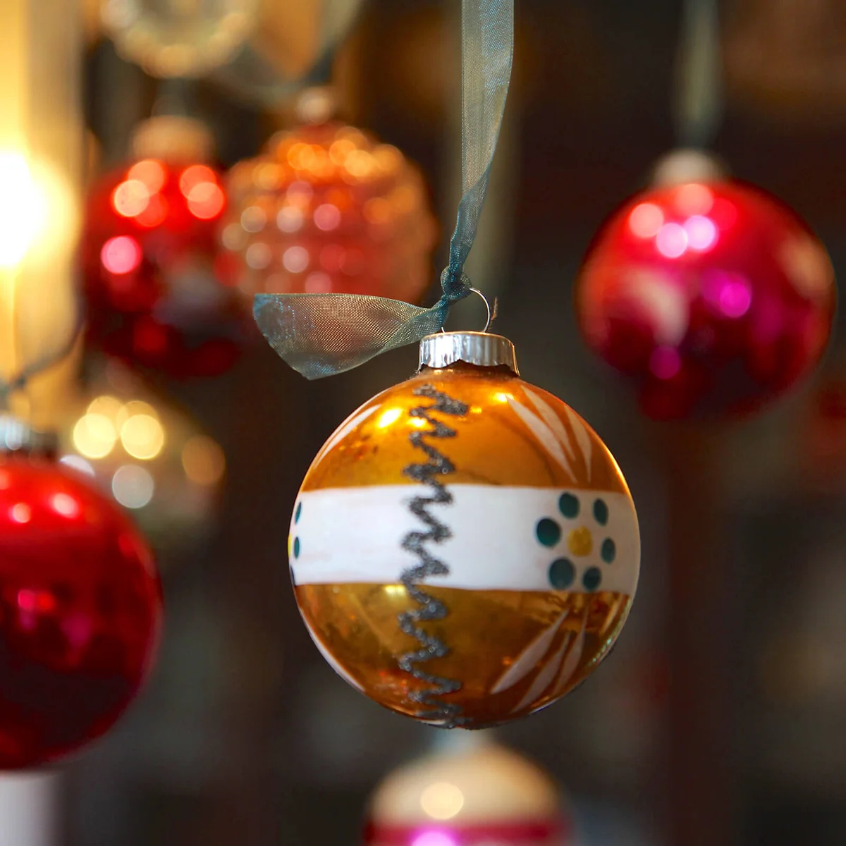 Christmas chandelier with colorful vintage ornaments