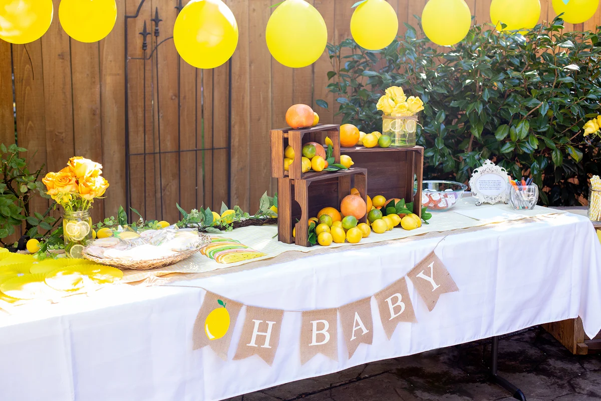 Party decorations at a citrus themed baby shower.