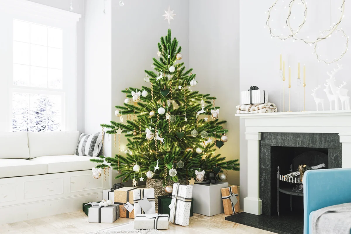 Cozy Living Room With Fireplace And Christmas Decoration