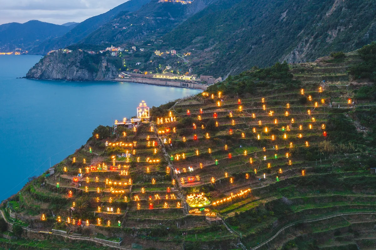 The world biggest presepe on the hills of Manarola, Cinque Terre, ligurian coast, Italy
