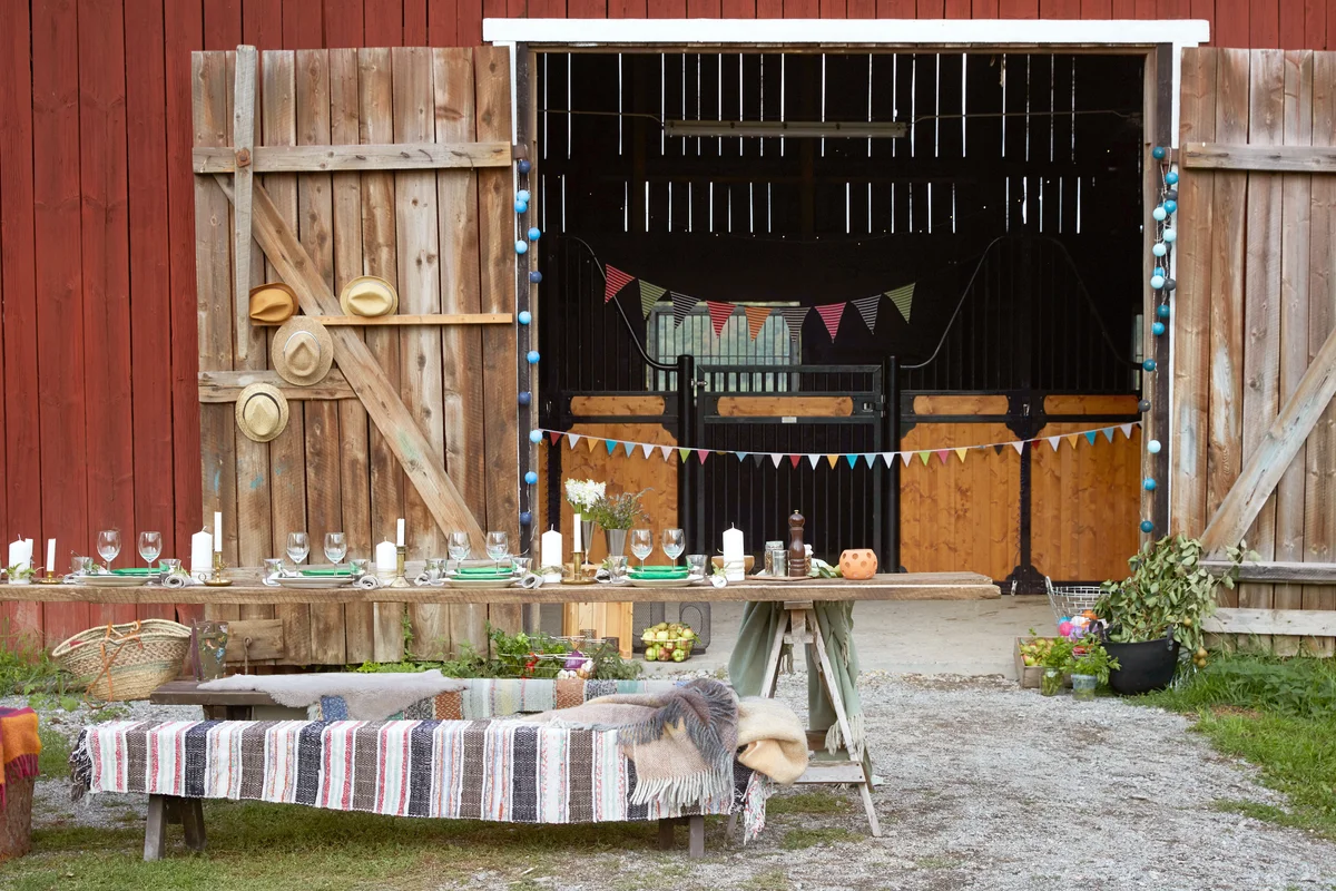Table against barn during party