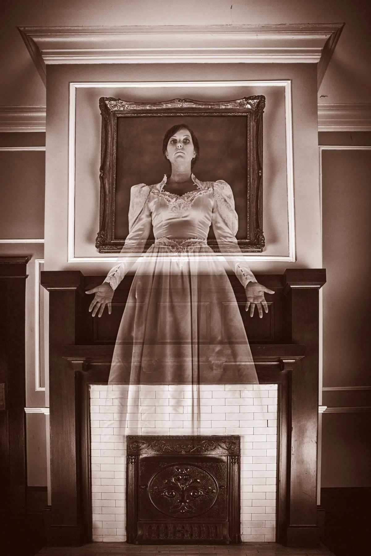 Ghostly woman suspended above fireplace