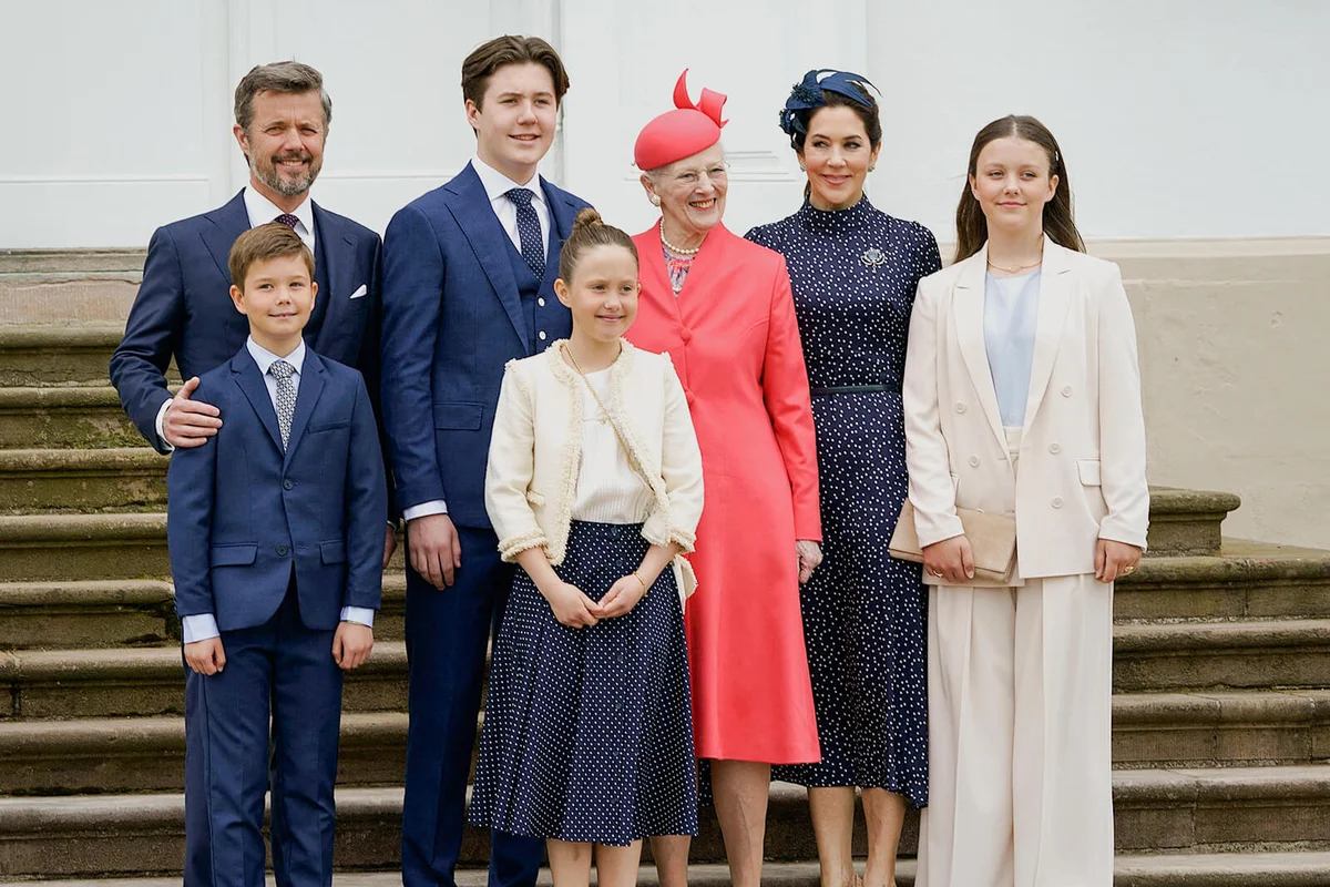 Crown Prince Frederik, Prince Christian, Queen Margrethe, Princess Isabella, Prince Vincent, Crown Princess Mary and Princess Josephine pose for a picture after Prince Christian's private confirmation ceremony | Getty Editorial Use