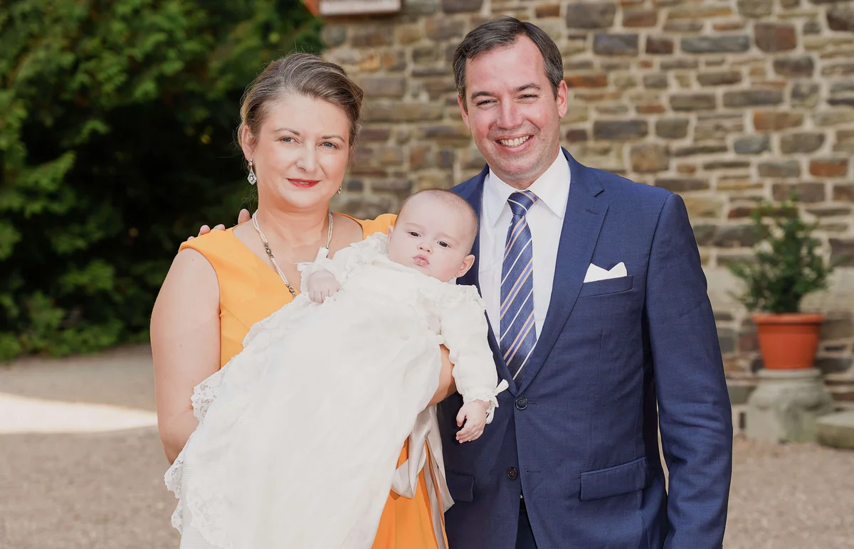Hereditary Grand Duchess Stephanie of Luxembourg and Hereditary Grand Duke Guillaume of Luxembourg with their son Prince Charles of Luxembourg arrive for Prince Charles' baptism | Getty Editorial Use