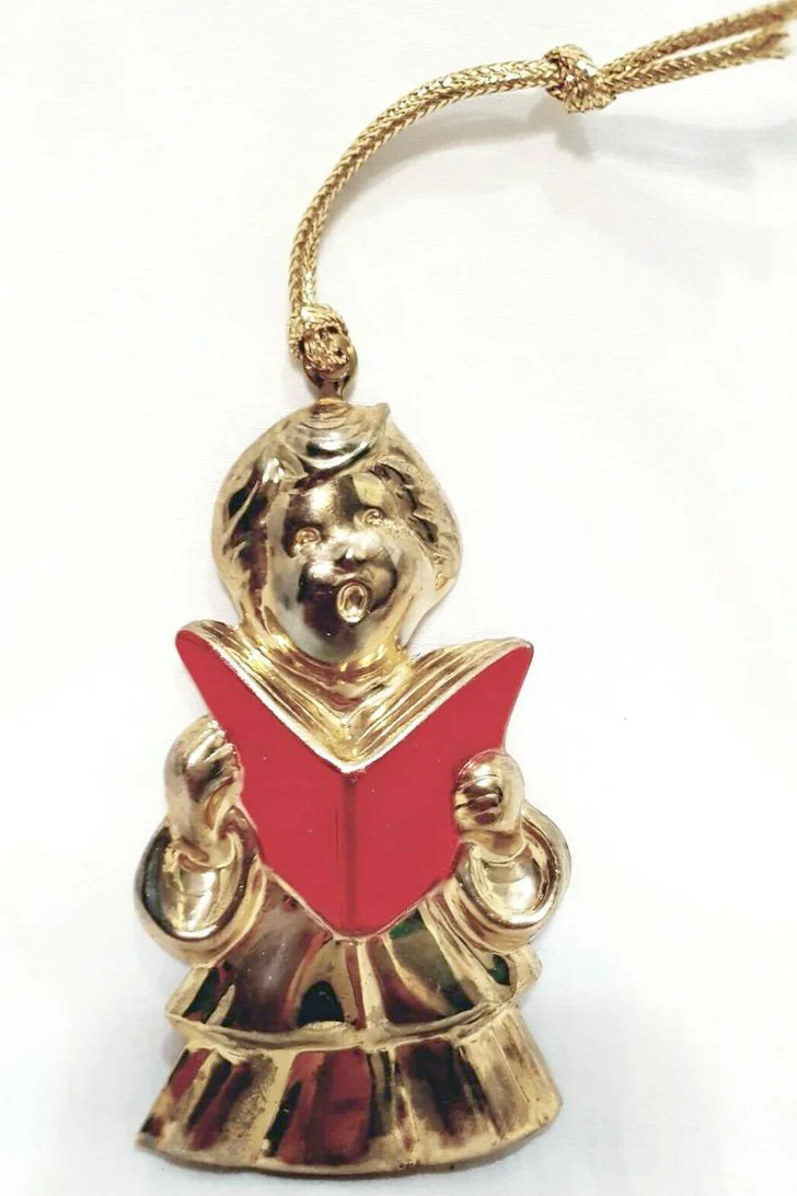Child Choir Signer Caroler Christmas Ornament Gold Red Gloria Duchin 1990 Metal
