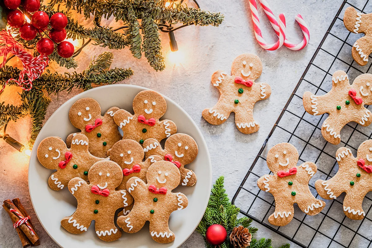 Homemade Christmas cookies on gray table