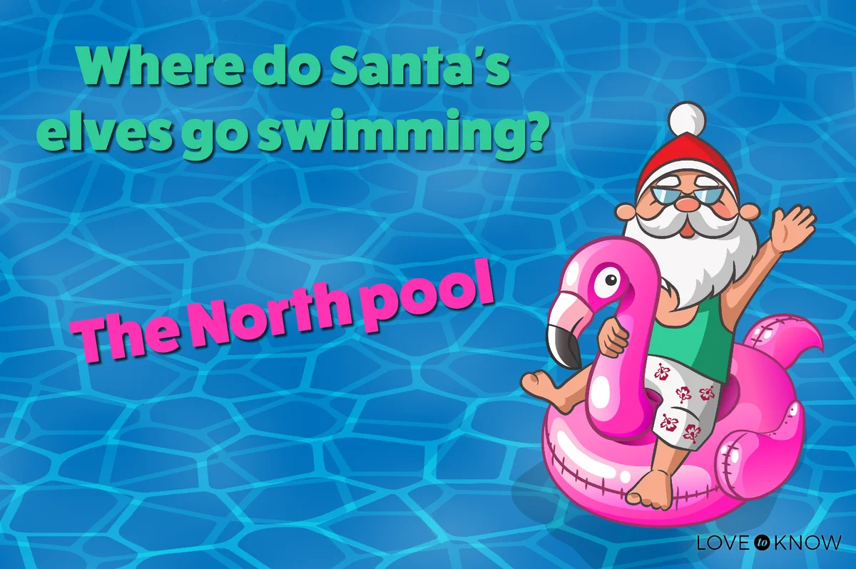 Santa Clauses with Flamingo on a pool