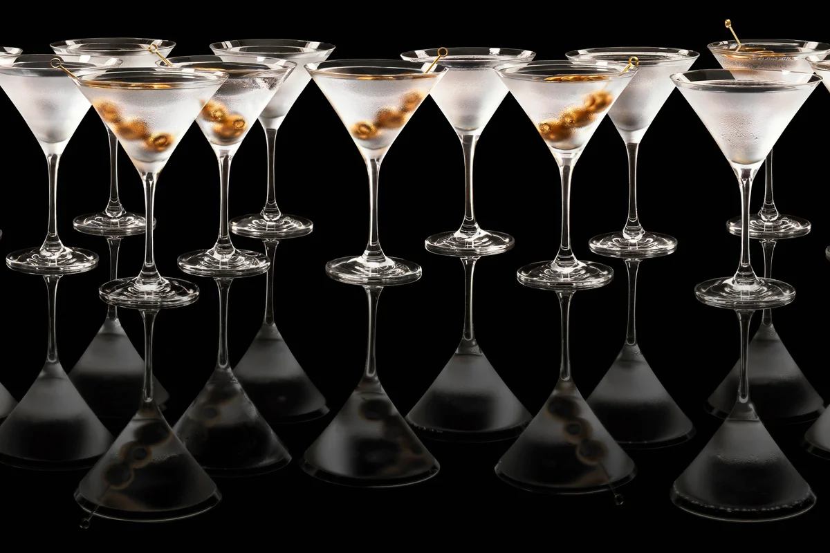 Line of Martinis with Gold Olives