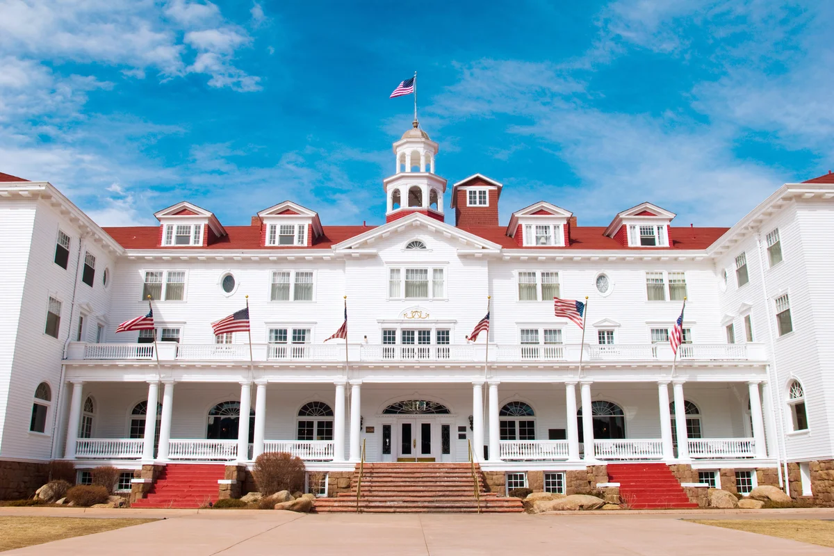 Stanley Hotel with blue sky in Estes Park, Colorado