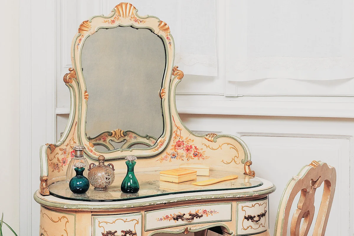 Venetian painted wood dressing table inspired by Louis XV style model, with chair. Italy, 19th century | Getty Editorial Use