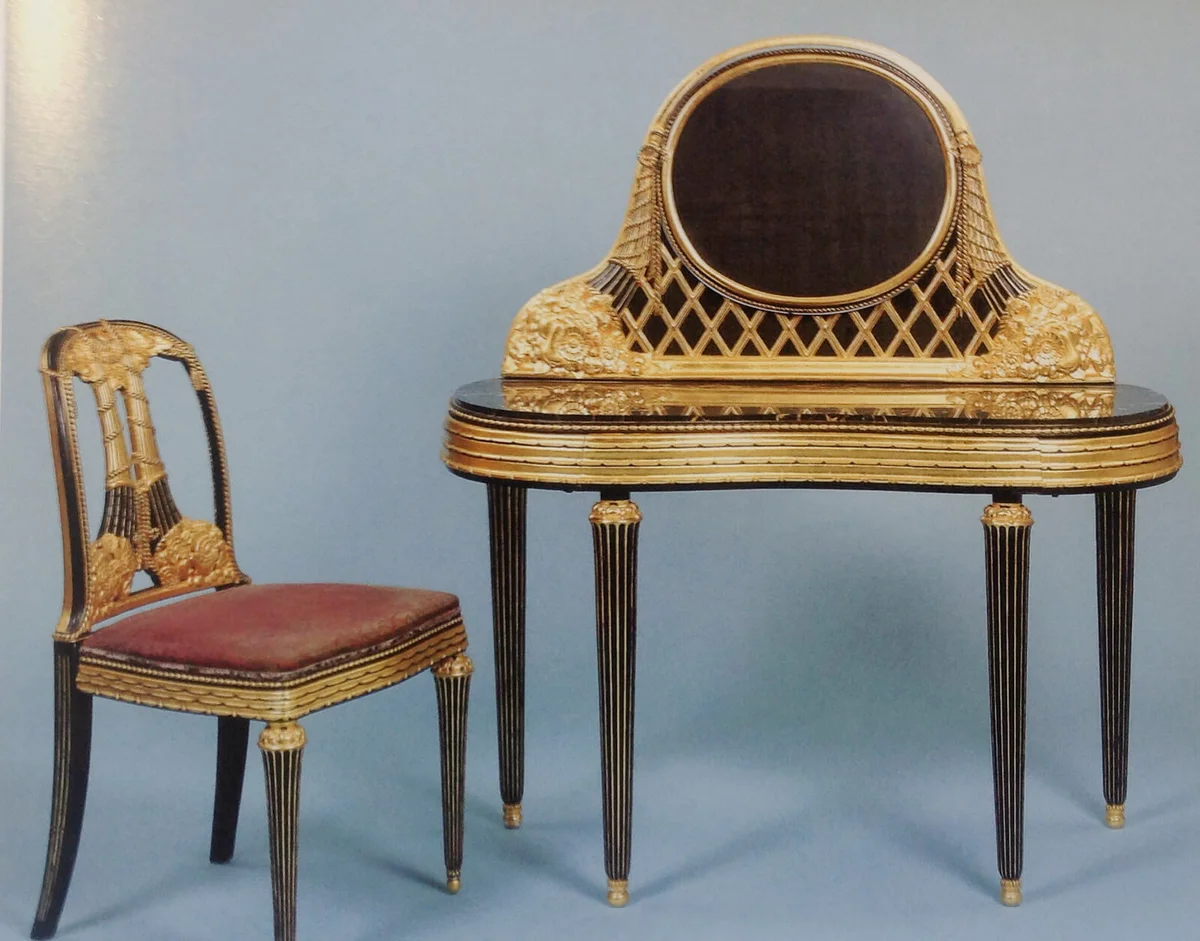 Art Deco dressing table and chair by Paul Follot (1919) of marble and wood encrusted, lacquered and gilded , not at the Museum of Modern Art of the City of Paris