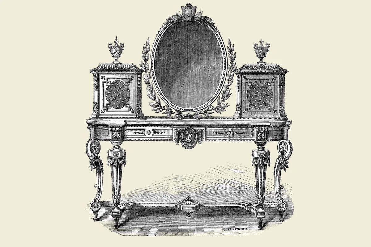 Vintage engraving from 1862 of a Victoiran Toilet Table