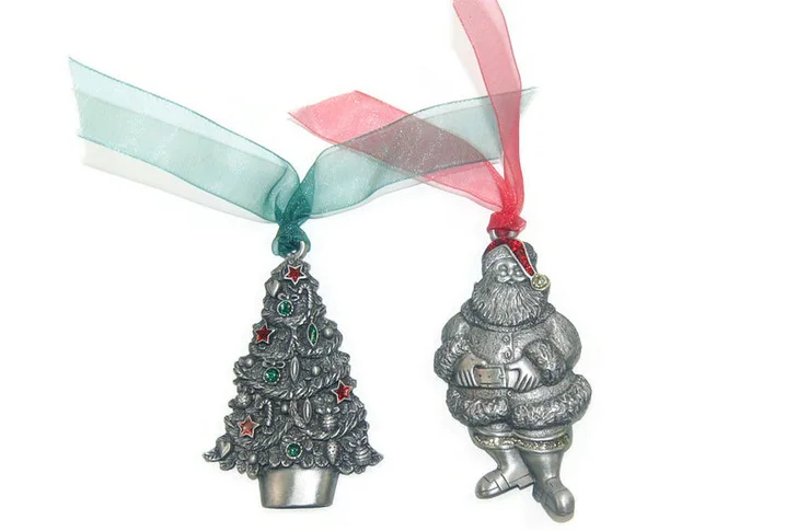 Vintage Gloria Duchin Pewter with Red and Green Glitter Enamel Santa and Christmas Tree Ornaments