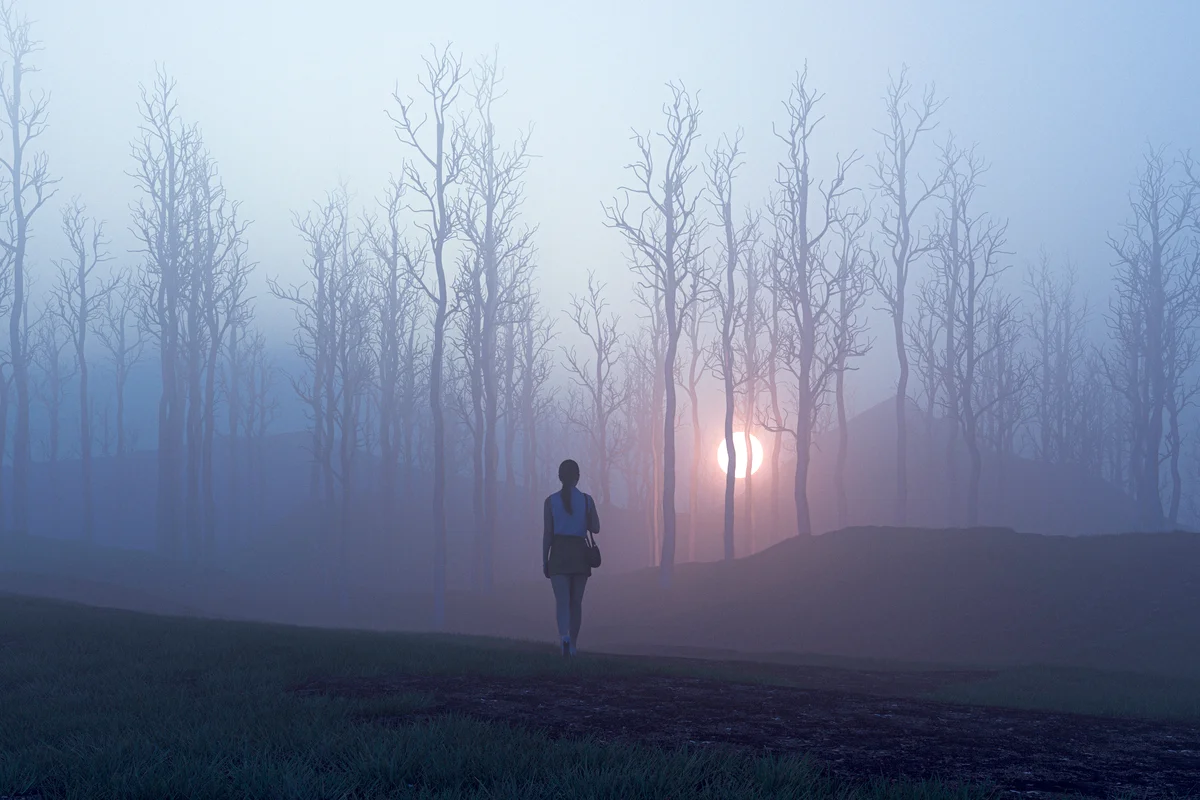 Woman walking towards mysterious light