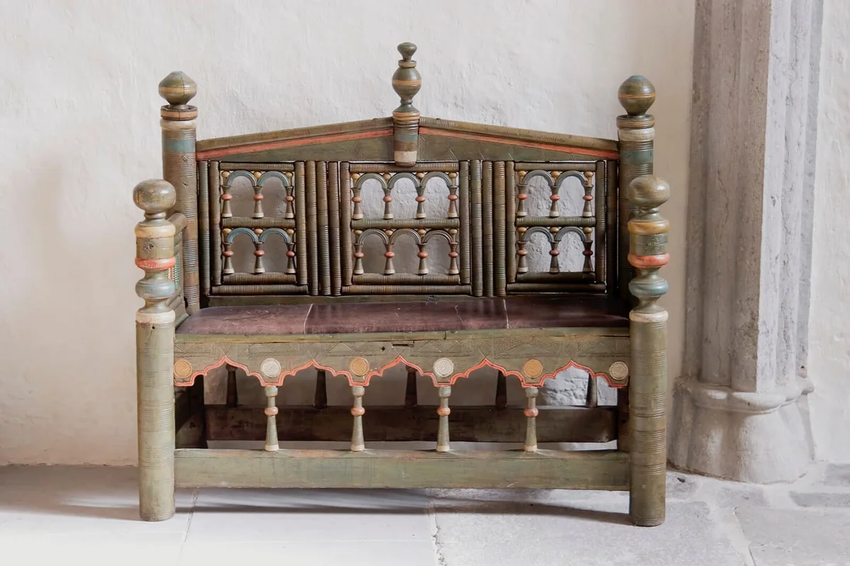 Antique pew in Eskelhem church, Gotland, Sweden