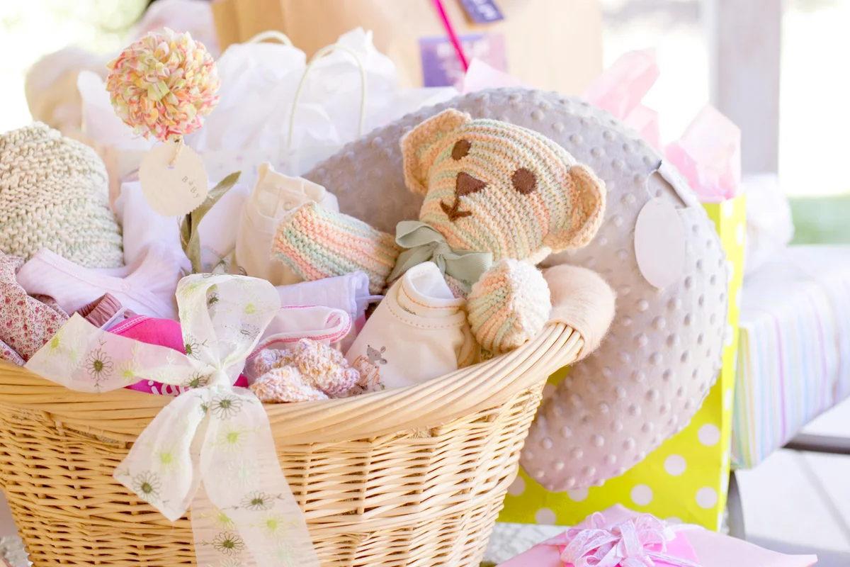 Baskets of toys for baby shower