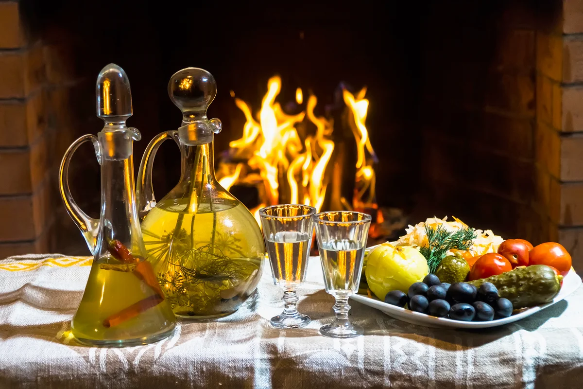 Herbal infused vodka with cold snacks