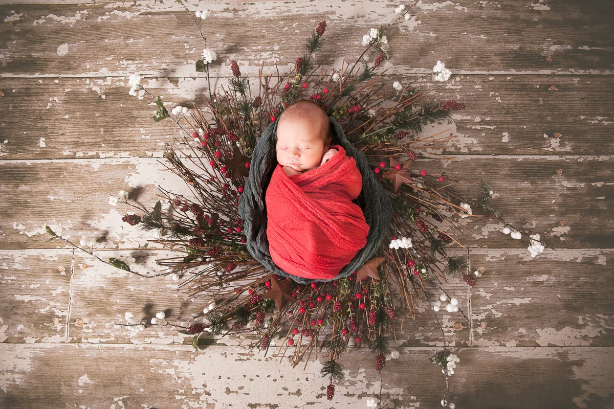 A portrait of a newborn baby wrapped in Christmas themed cheesecloth and crochet wrap
