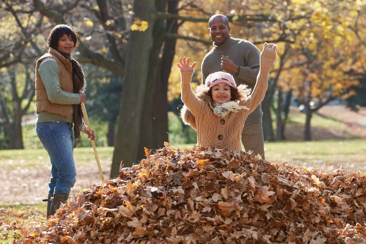 family raking autumn leaves