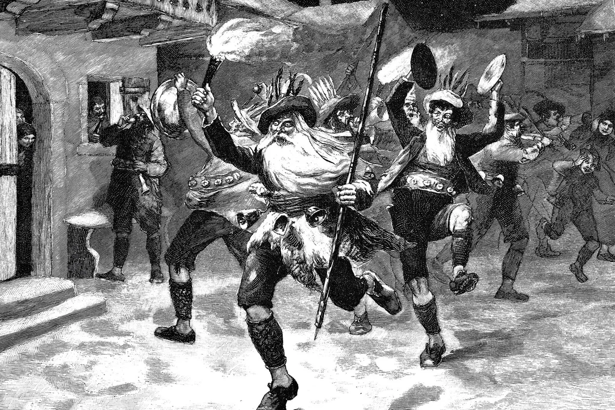 Men walk the streets with a loud roar to drive away from the winter