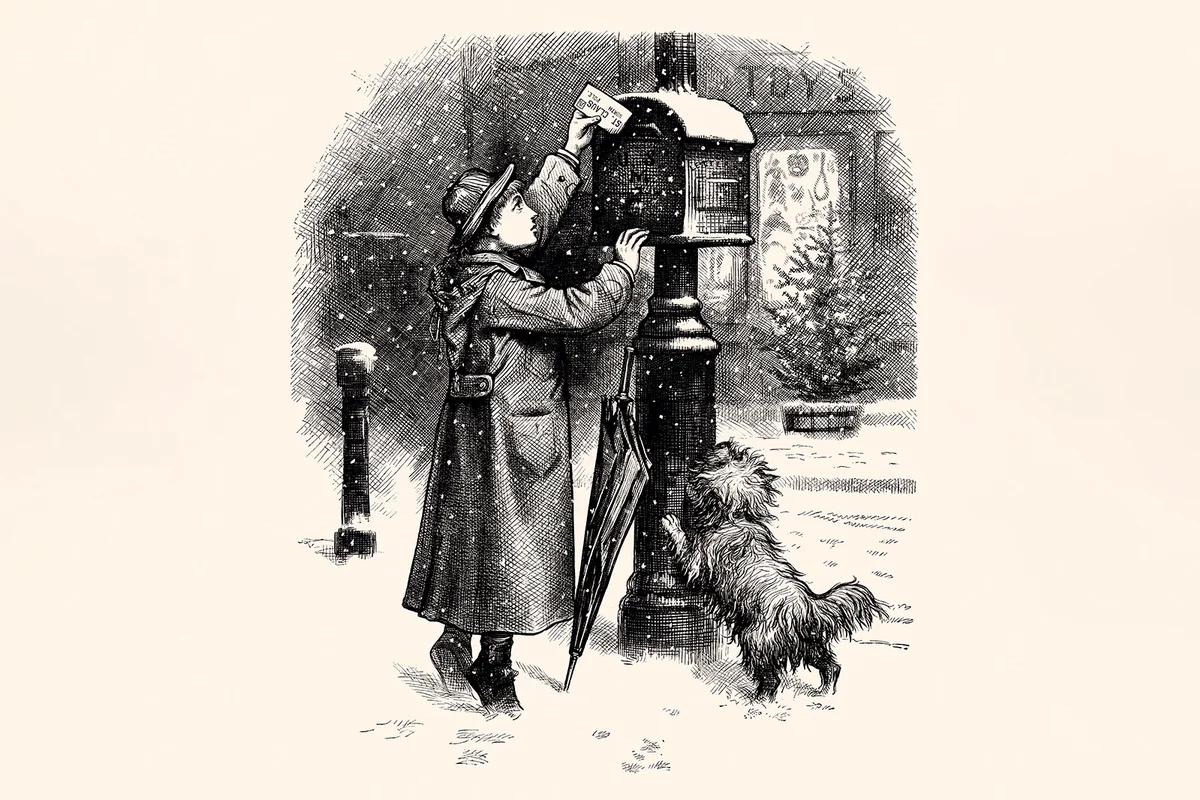 POST A LETTER TO SANTA CLAUS. Vintage etching circa late 19th century.