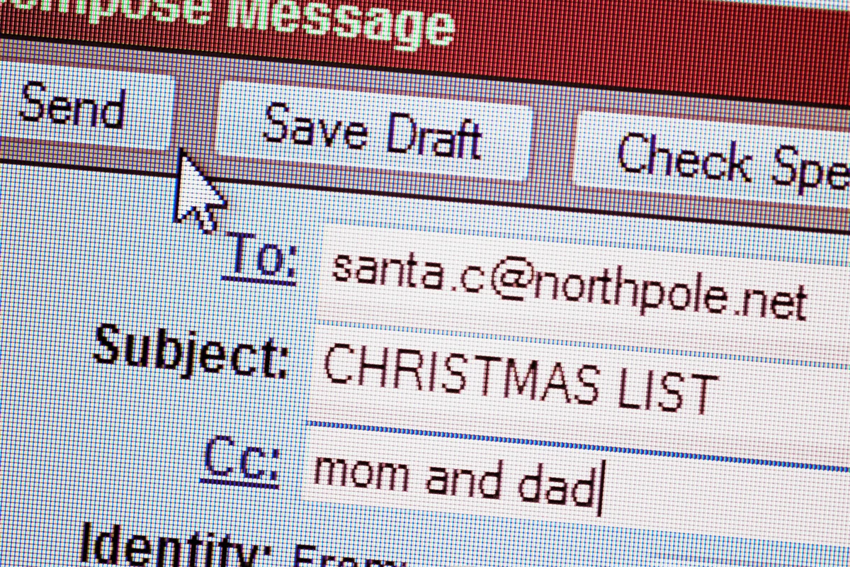 Computer screen with email to Santa