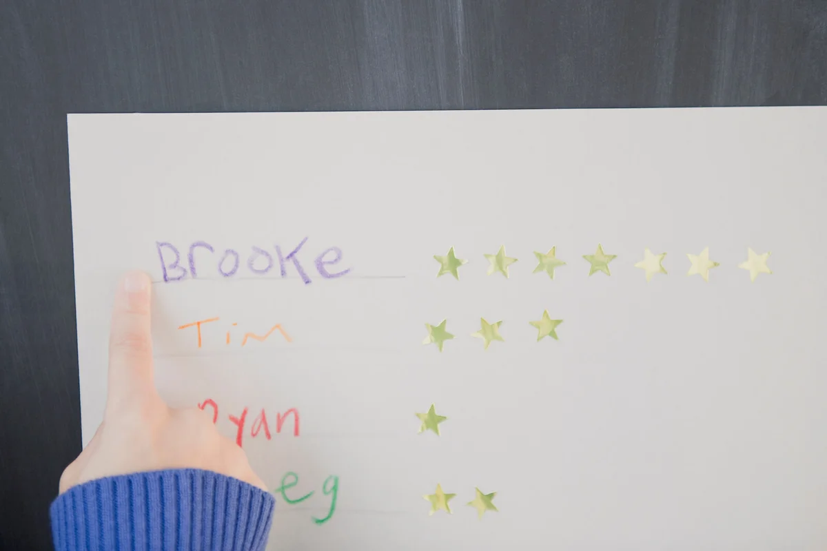 girl pointing at a name and stars