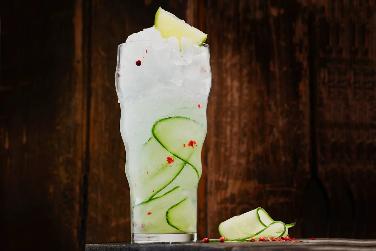 Gin Tonic with gin, tonic, cucumber, lime and red pepper