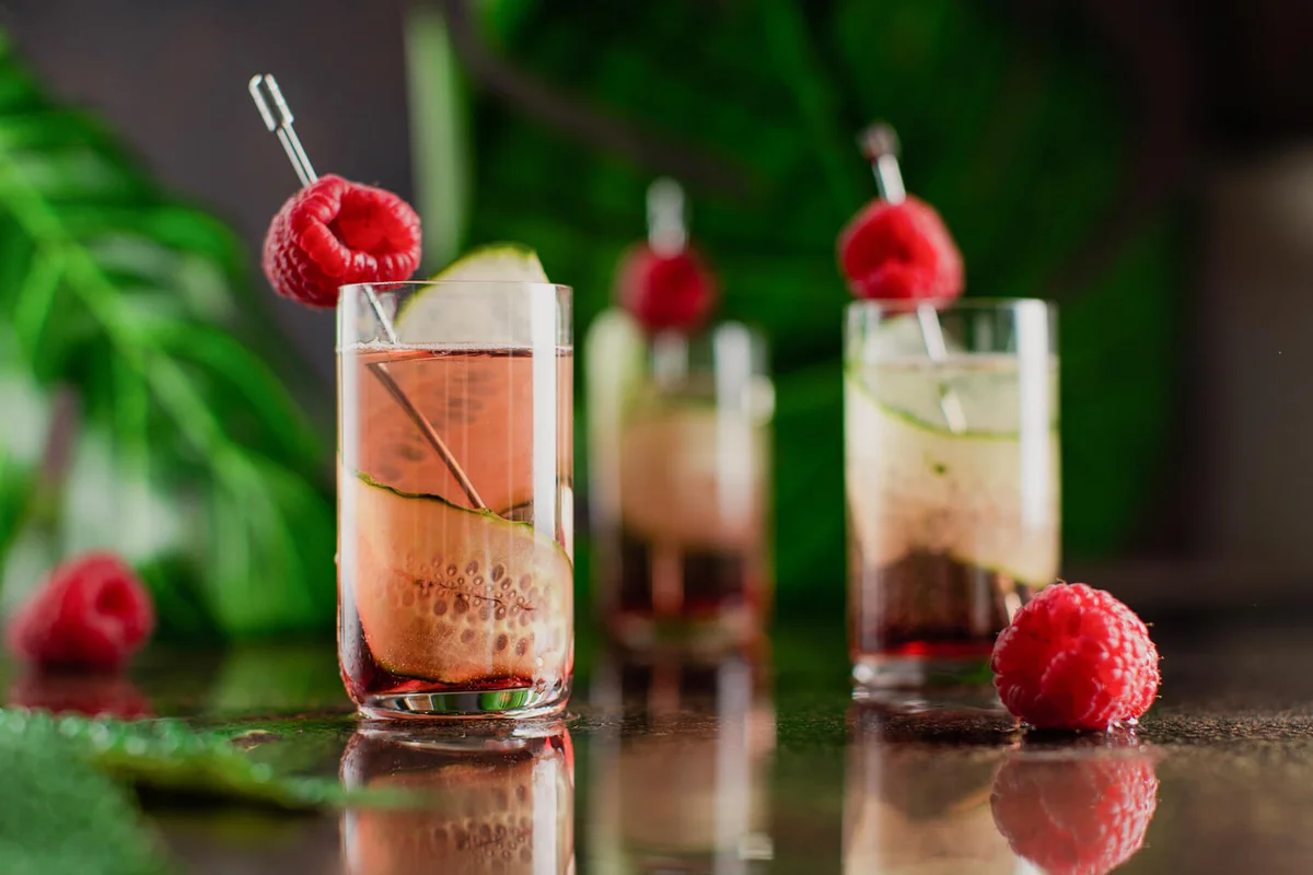 Set of cocktails in shot glasses with cucumber,berry liqueur and raspberries