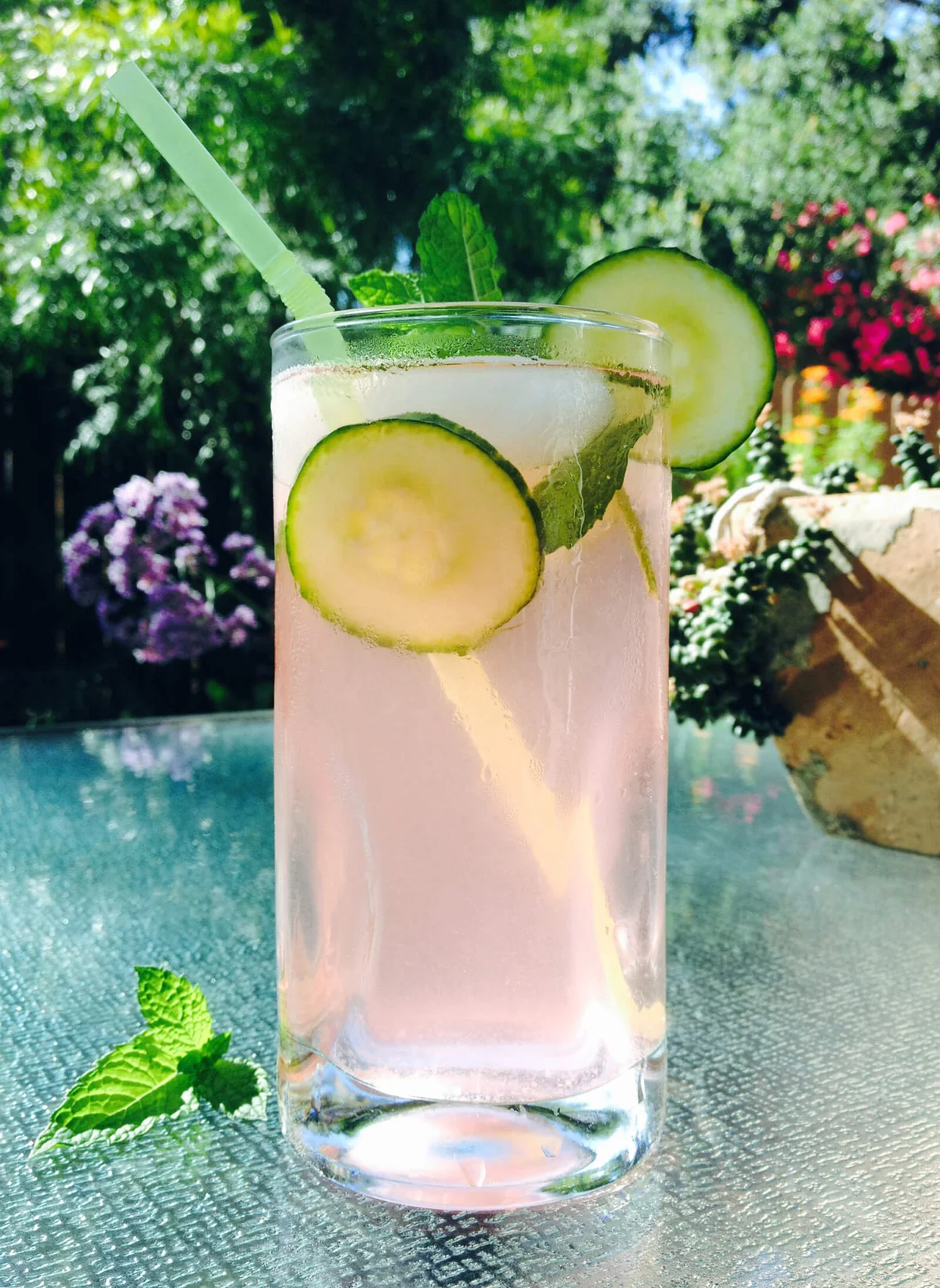 Glass of pink lemonade with mint, cucumber slices, and a straw on a garden table