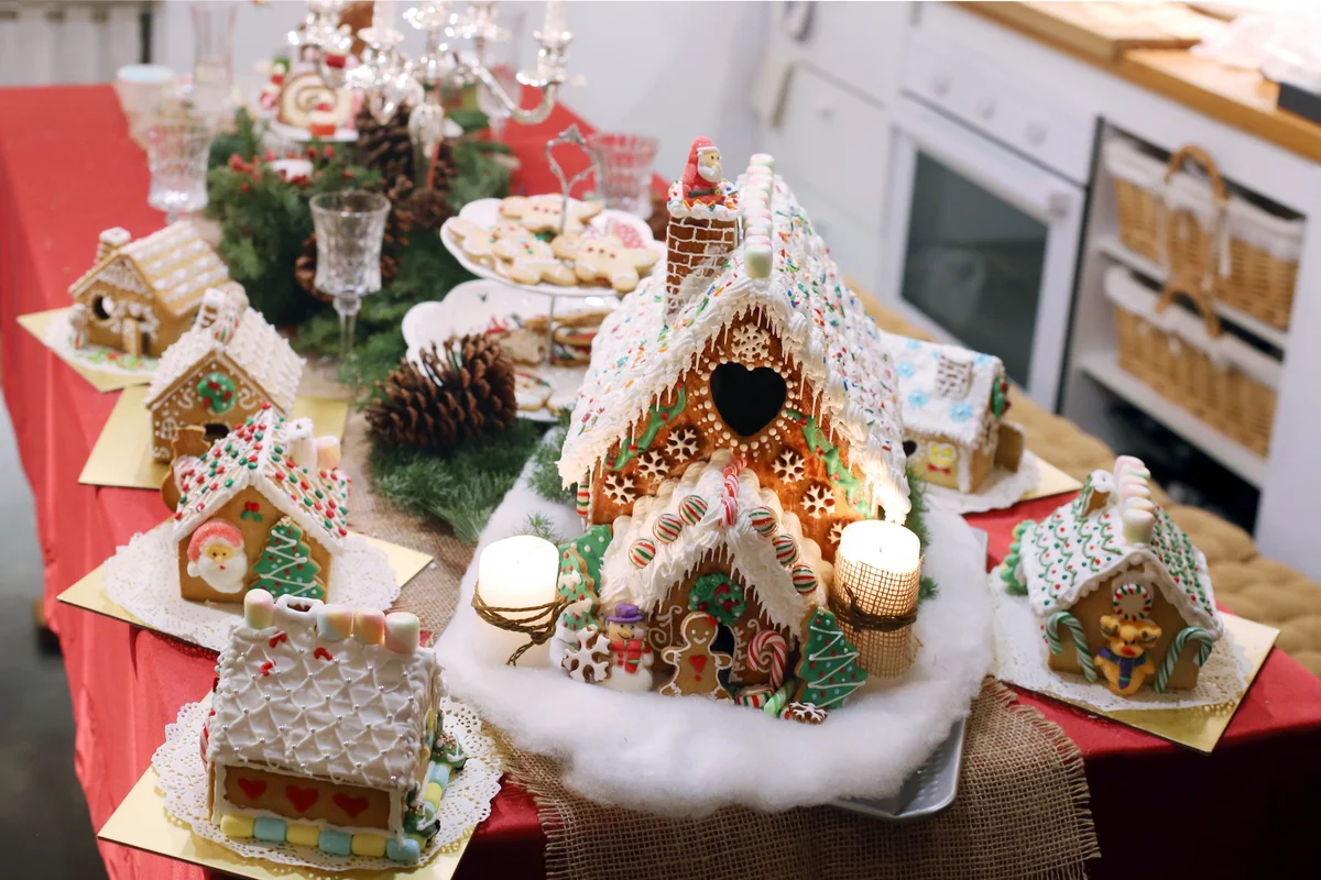 Handmade gingerbread big house and mini houses