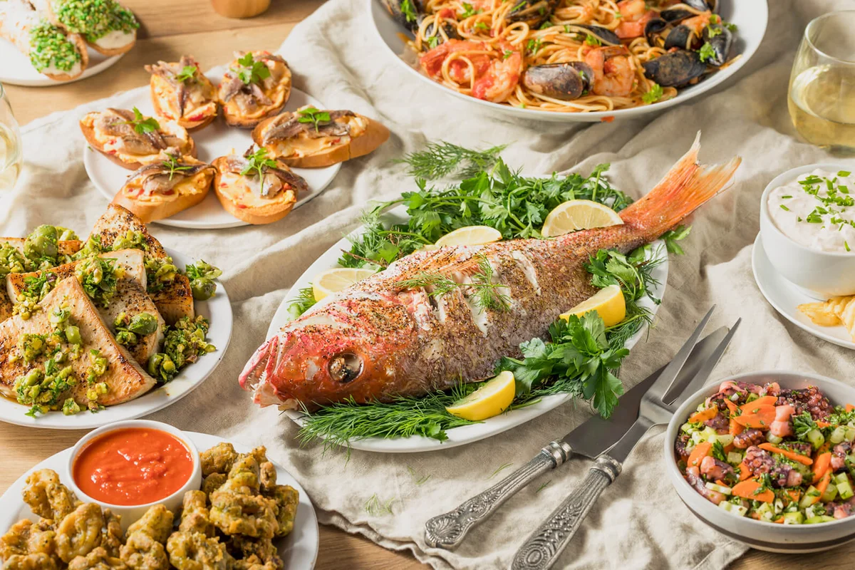 Holiday Italian Feast of 7 Fishes with Snapper Octopus and Pasta