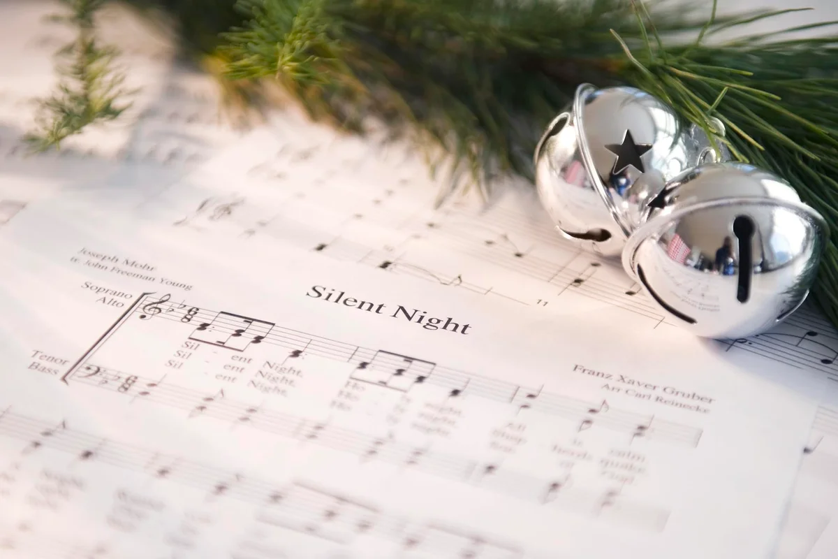 Christmas baubles on carol music sheet