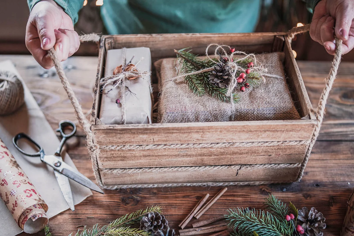 Christmas presents in wooden crate