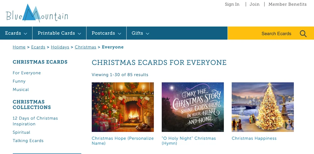 Screenshot of blue mountain website
