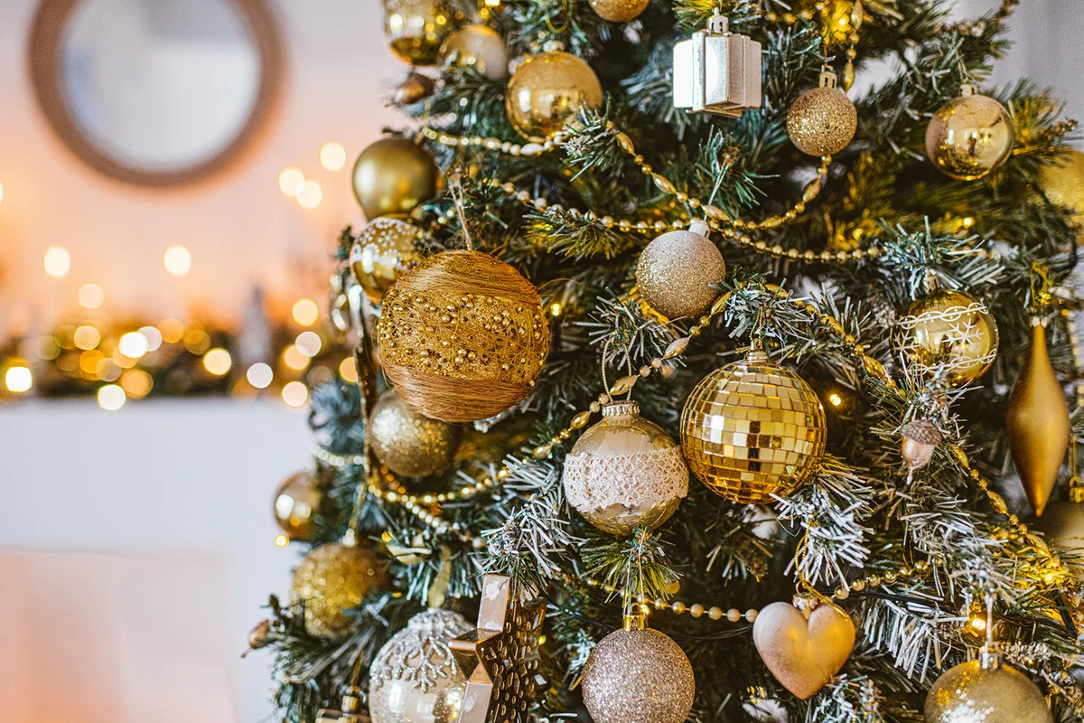 Christmas living room decoration, white and gold colors interior decoration background