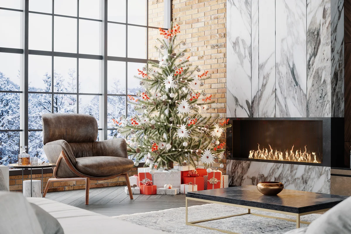 Luxury Living Room With Fireplace And Christmas Decoration