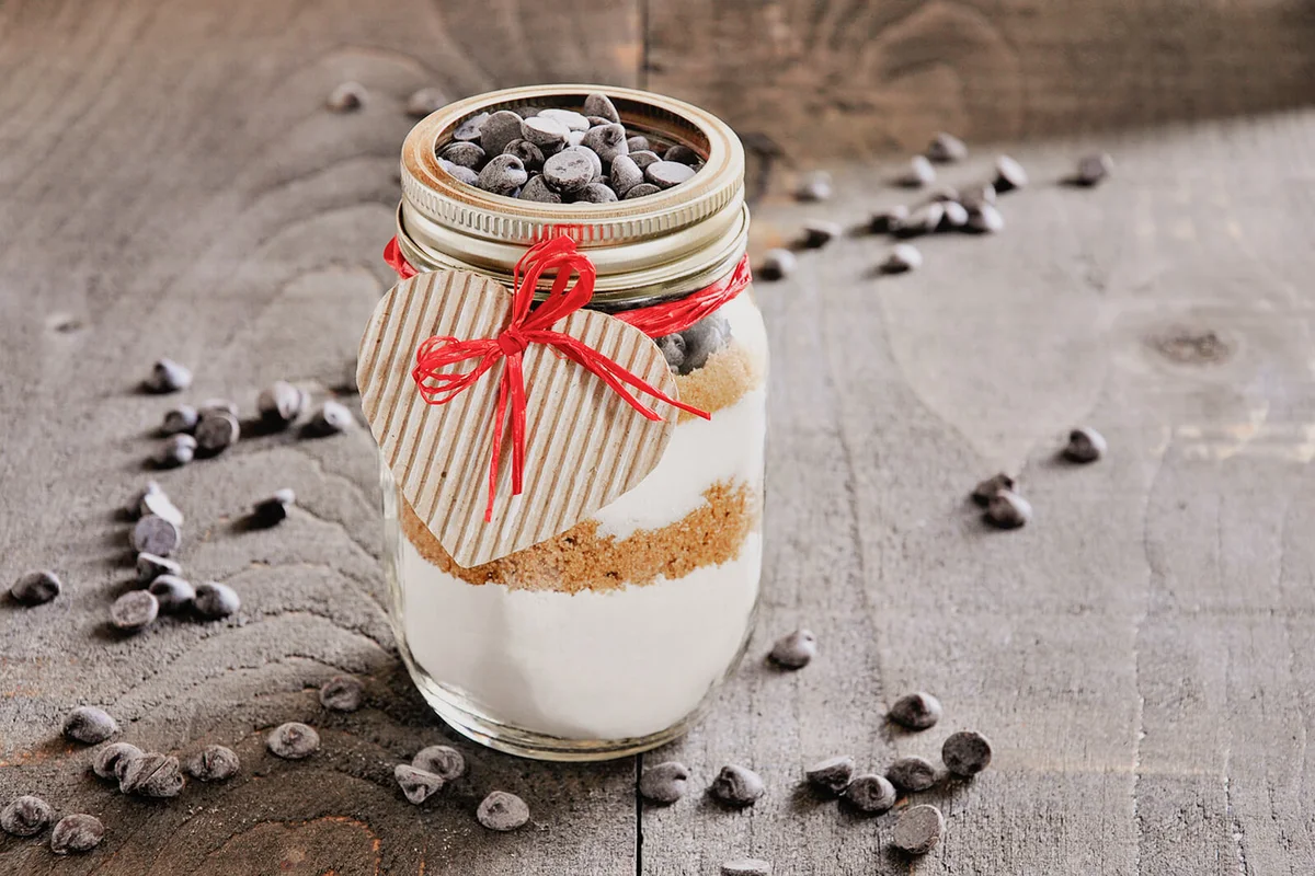Chocolate chips cookie mix in a glass jar