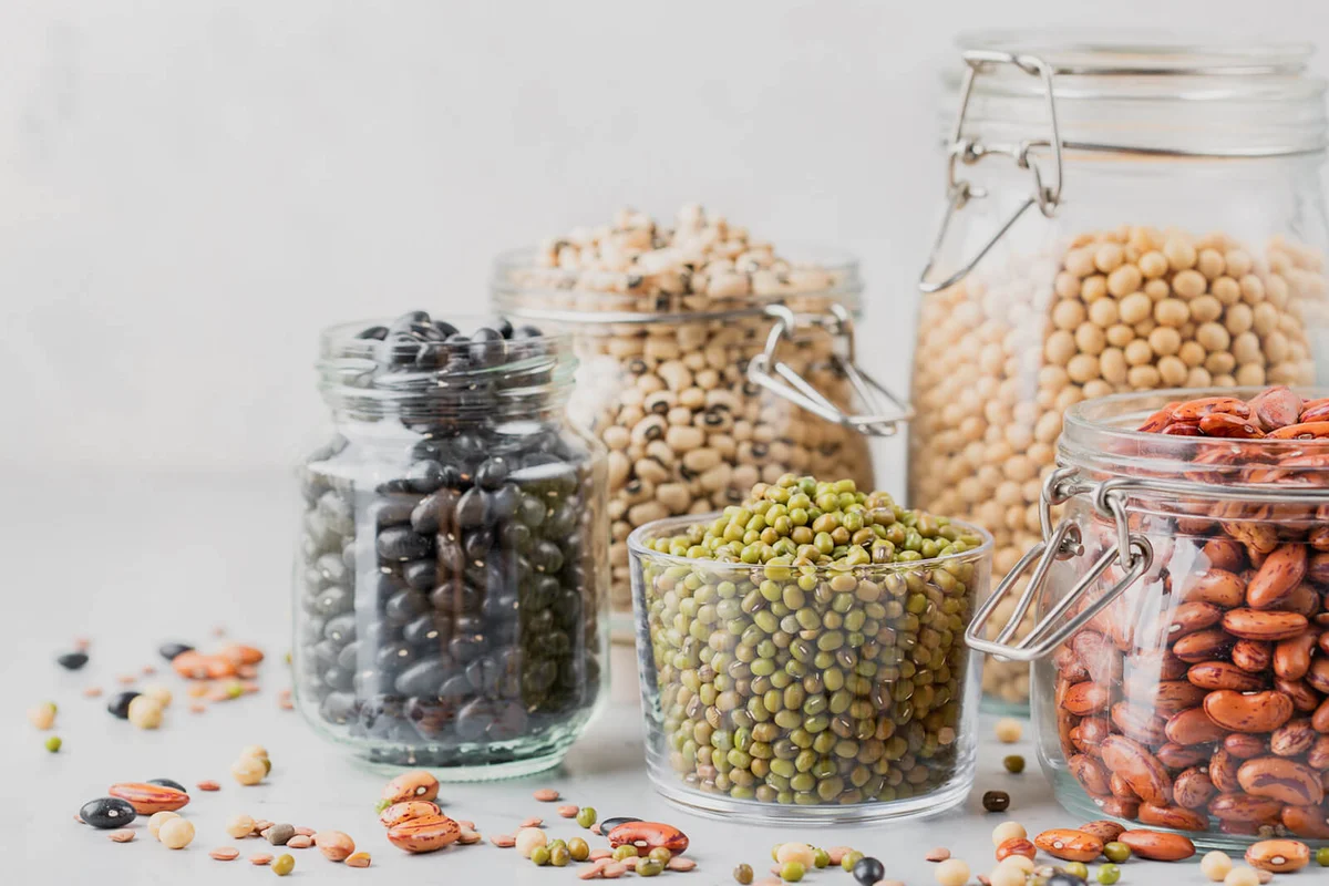 Assortment of vegan protein source food, legumes, lentils, chickpeas, beans