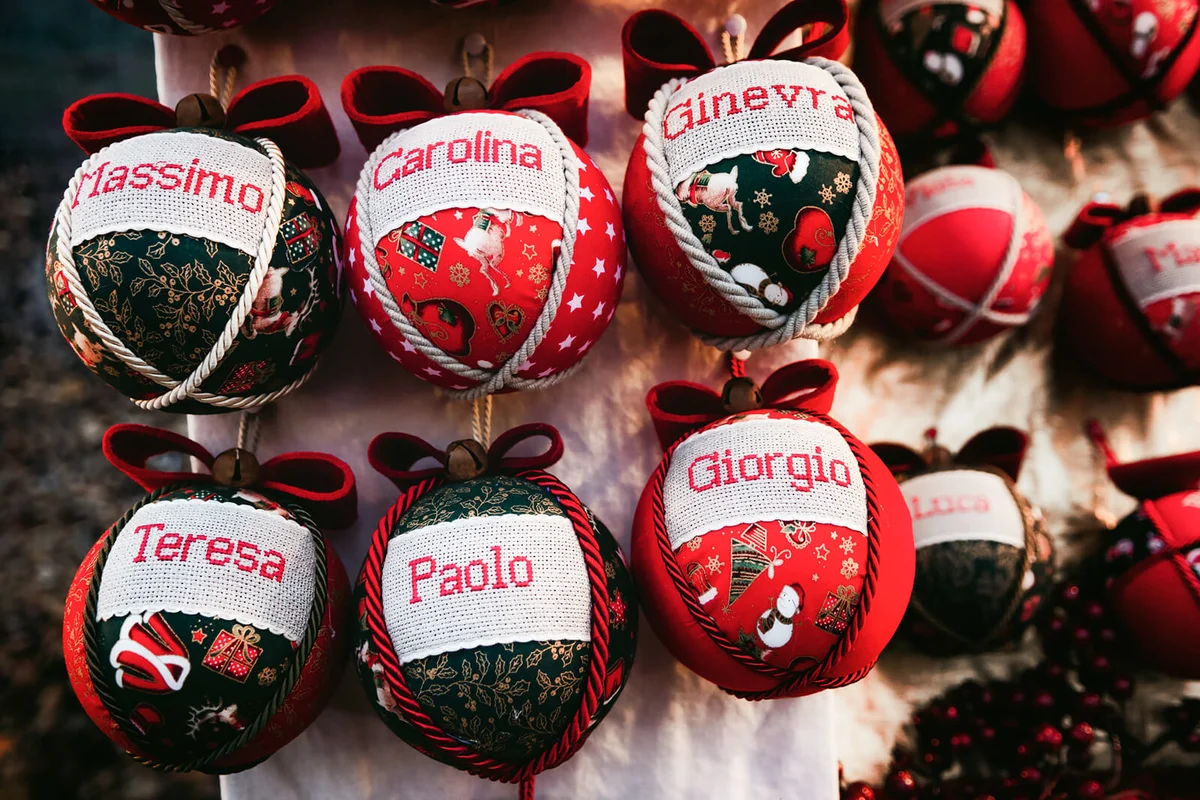 handcrafted christmas balls on a market stall