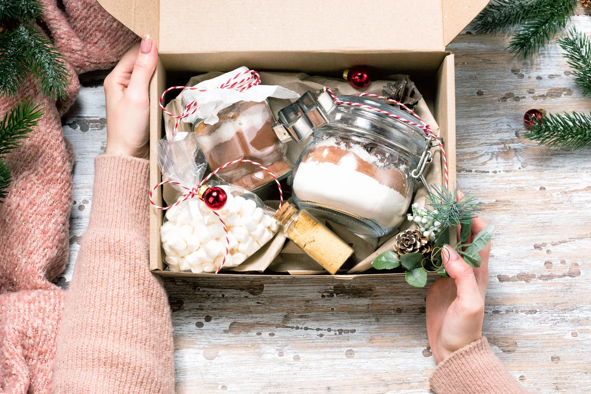 Christmas gift box with cookie and hot chocolate mix