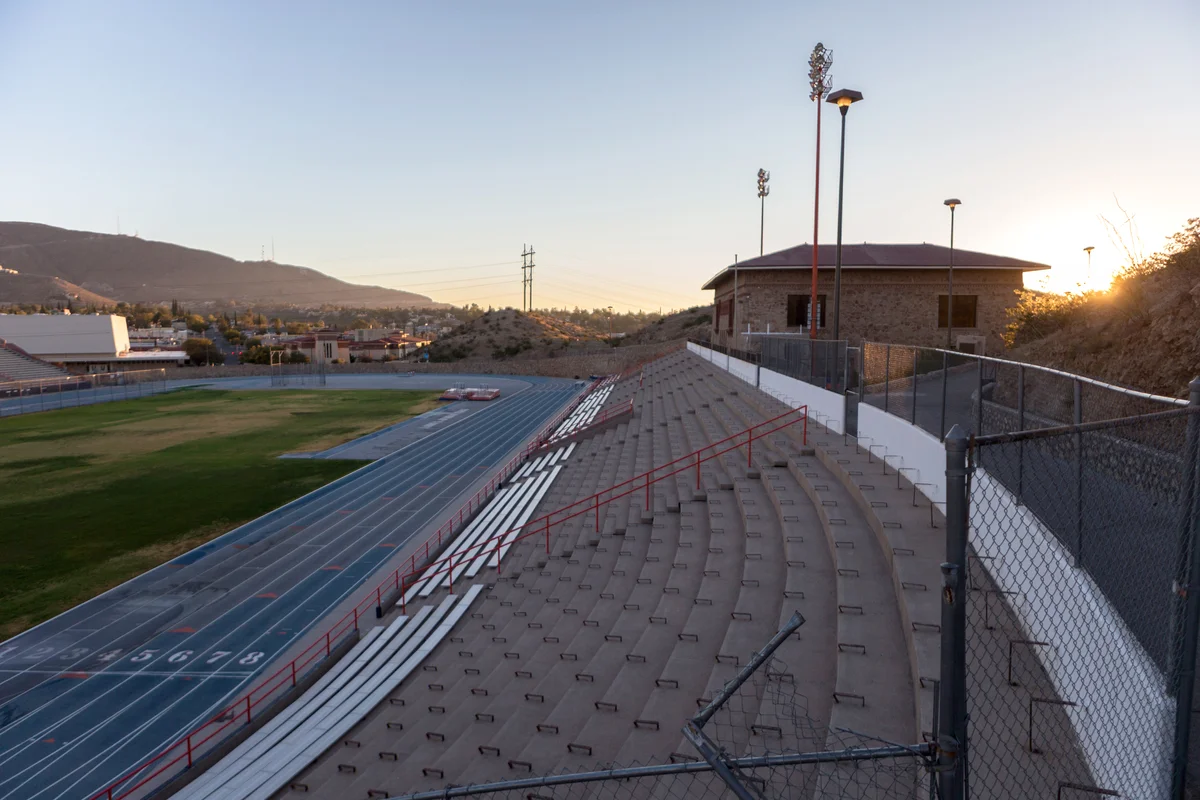 Stadium around a track and field