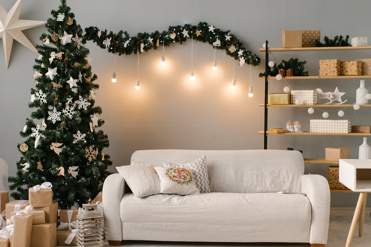 Interior of living room with Christmas decorations and presents