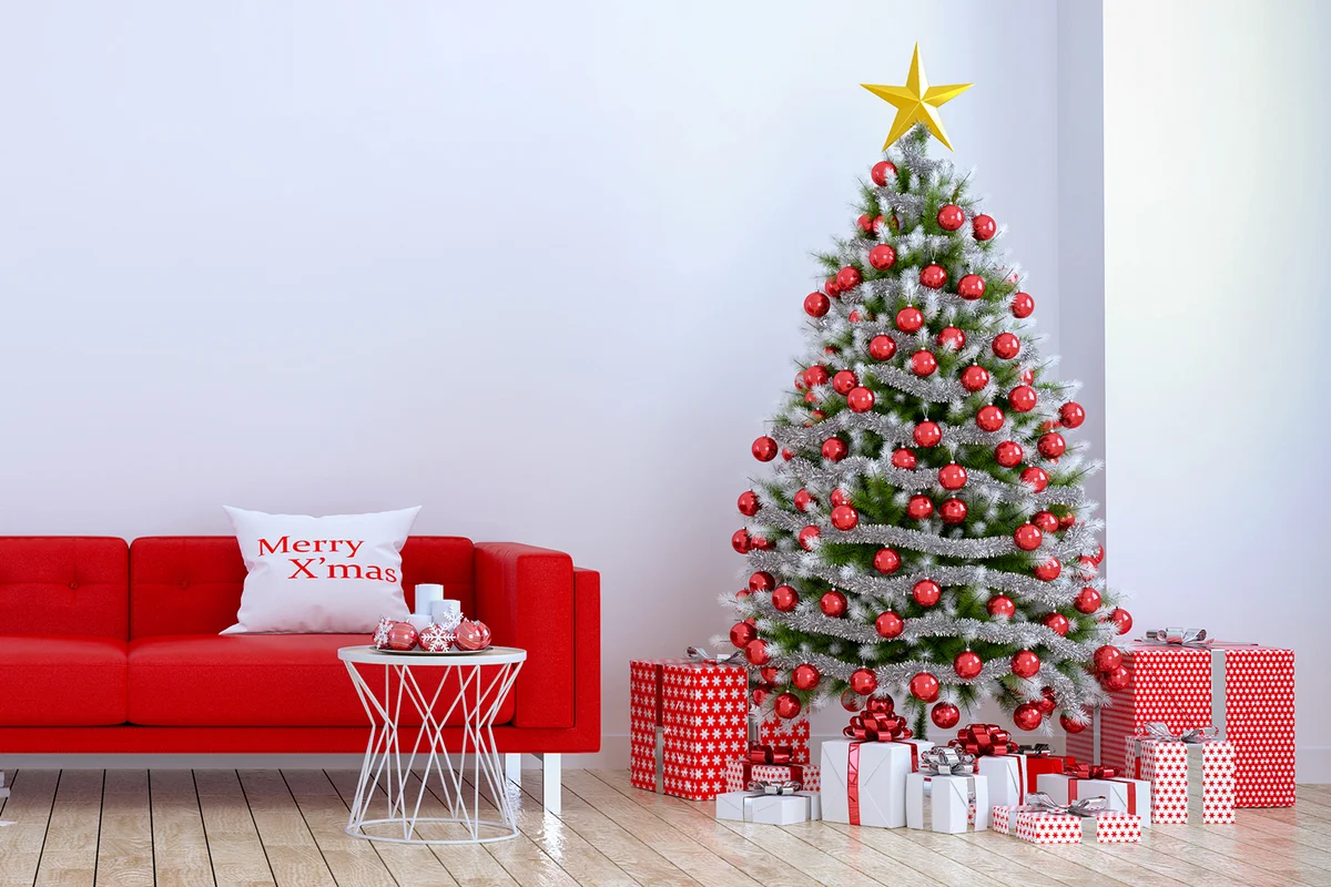 Modern Interior Of Living Room With Classic Christmas Tree
