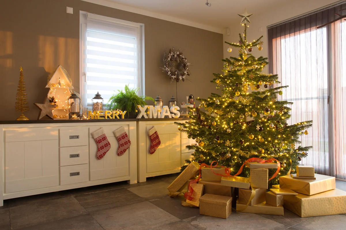 modern living room with christmas tree