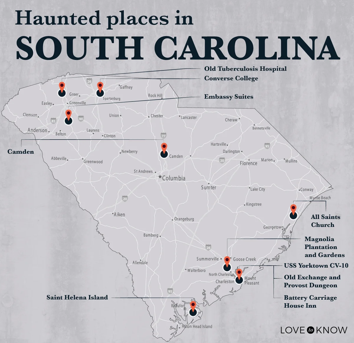Map of Haunted Places of South Carolina