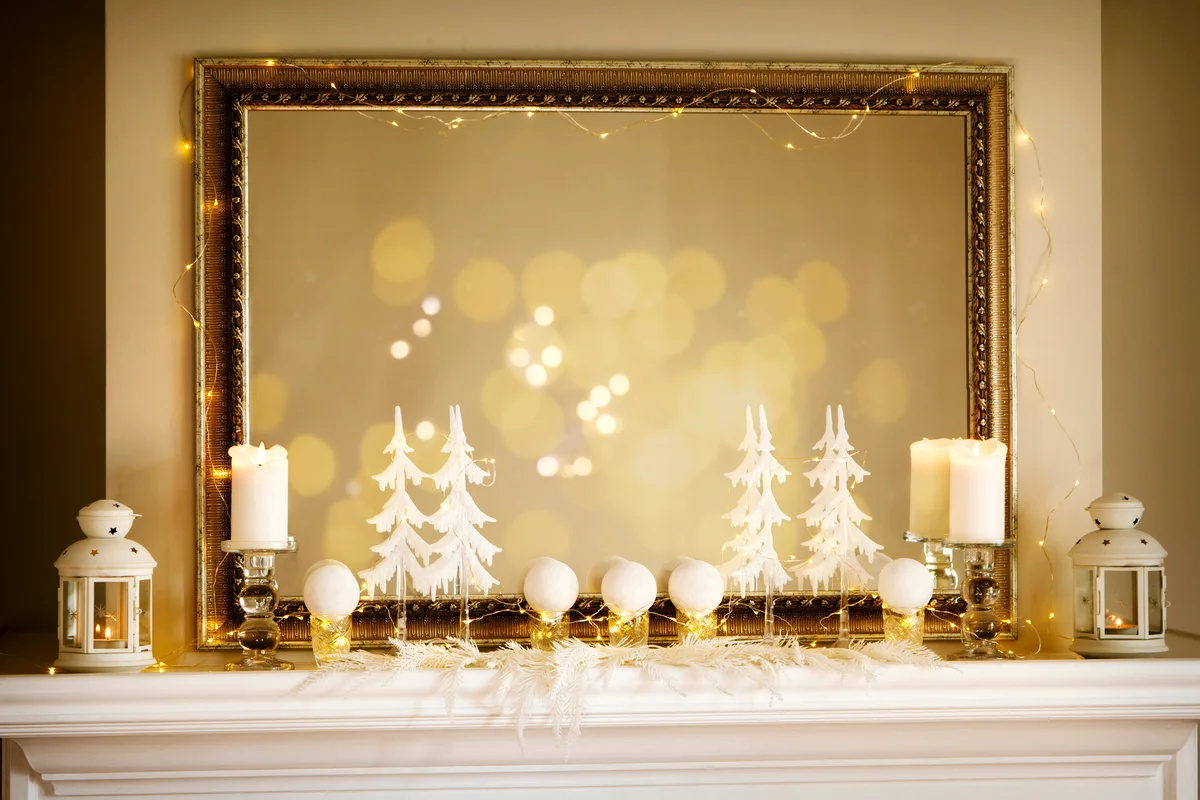 Fireplace with White Christmas Decoration